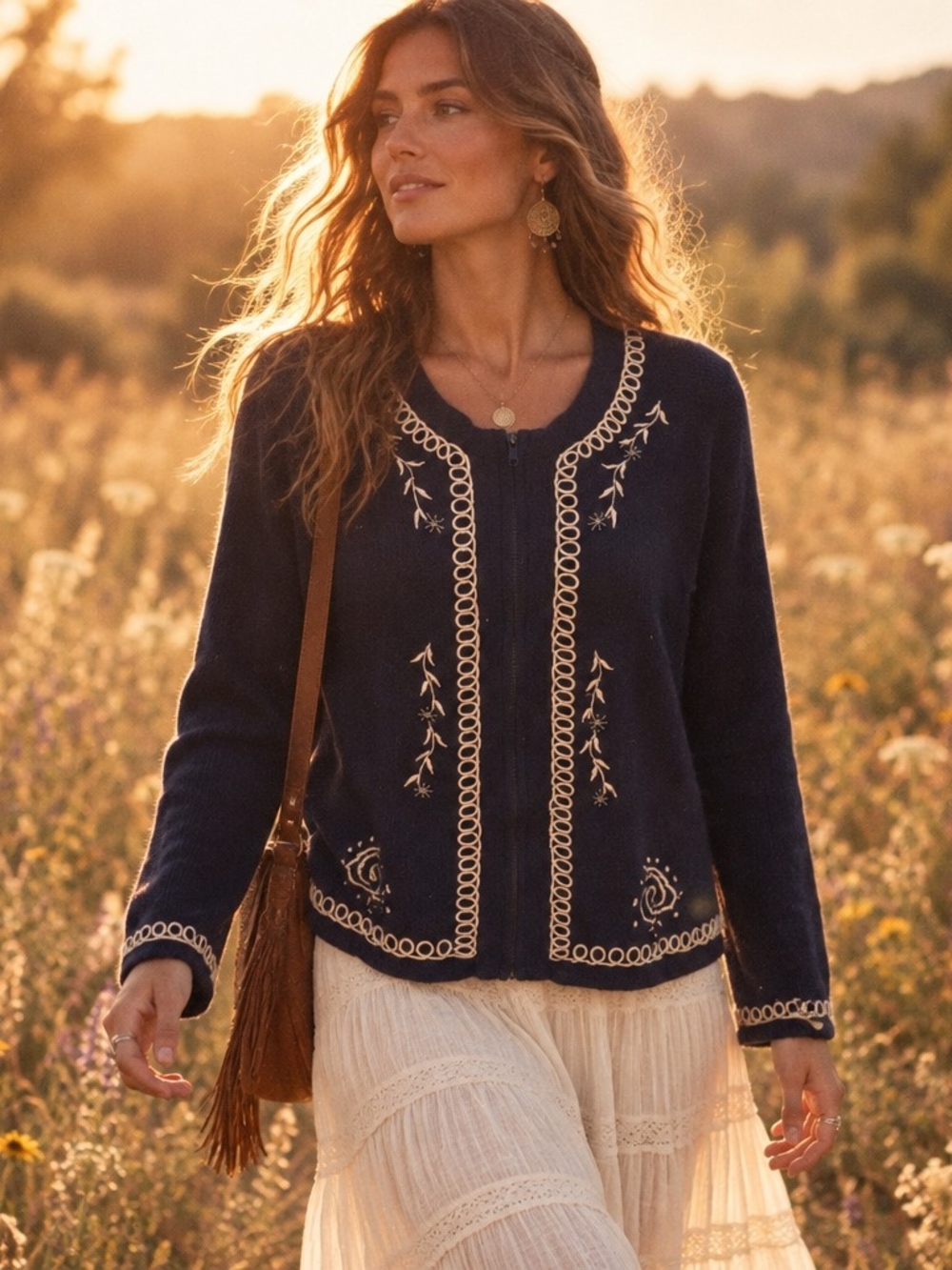 Navy Zip-Front Cardigan with Cream Embroidered Trim